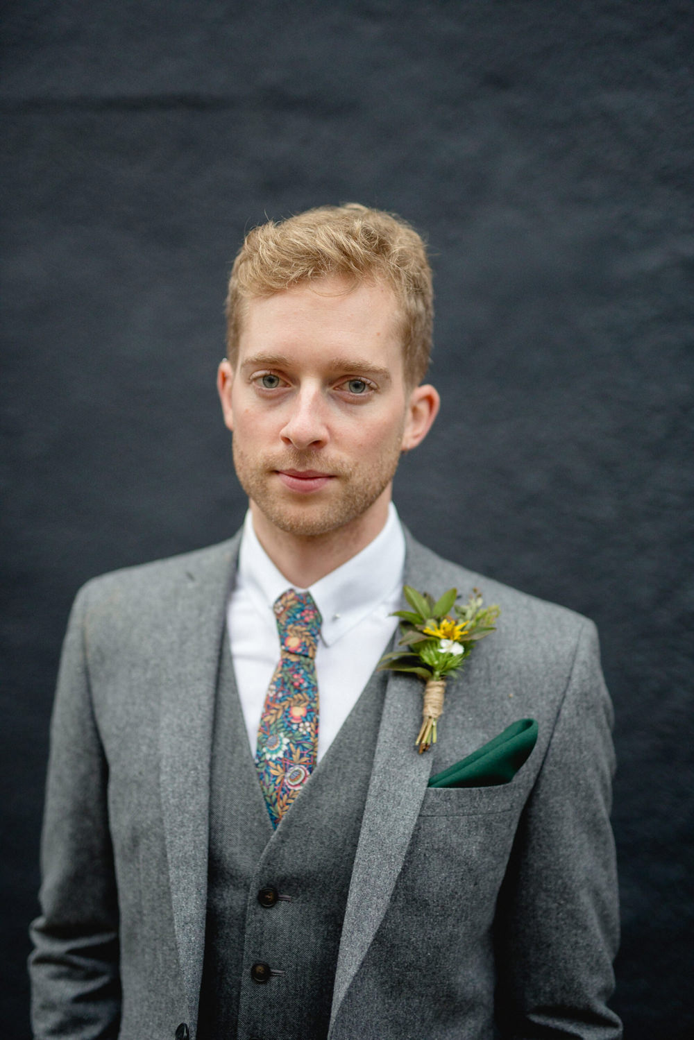Groom Suit Grey Floral Tie Buttonhole Twine Sheffield Town Hall Wedding Mark Newton Wedding Photography