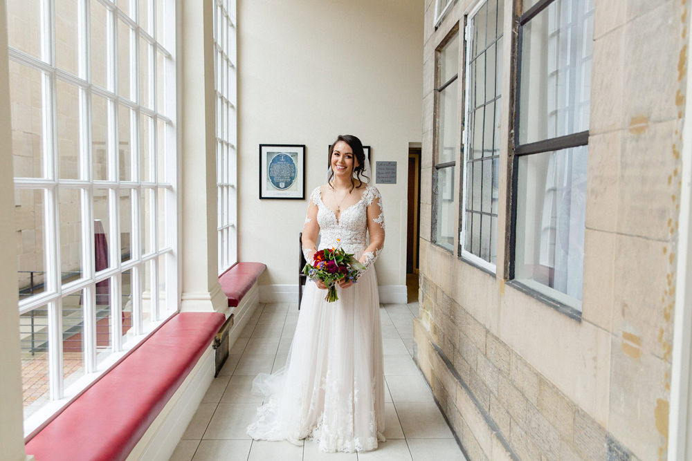 Dress Gown Bride Bridal Illustion Lace Back Buttons Long Sleeves Sheffield Town Hall Wedding Mark Newton Wedding Photography