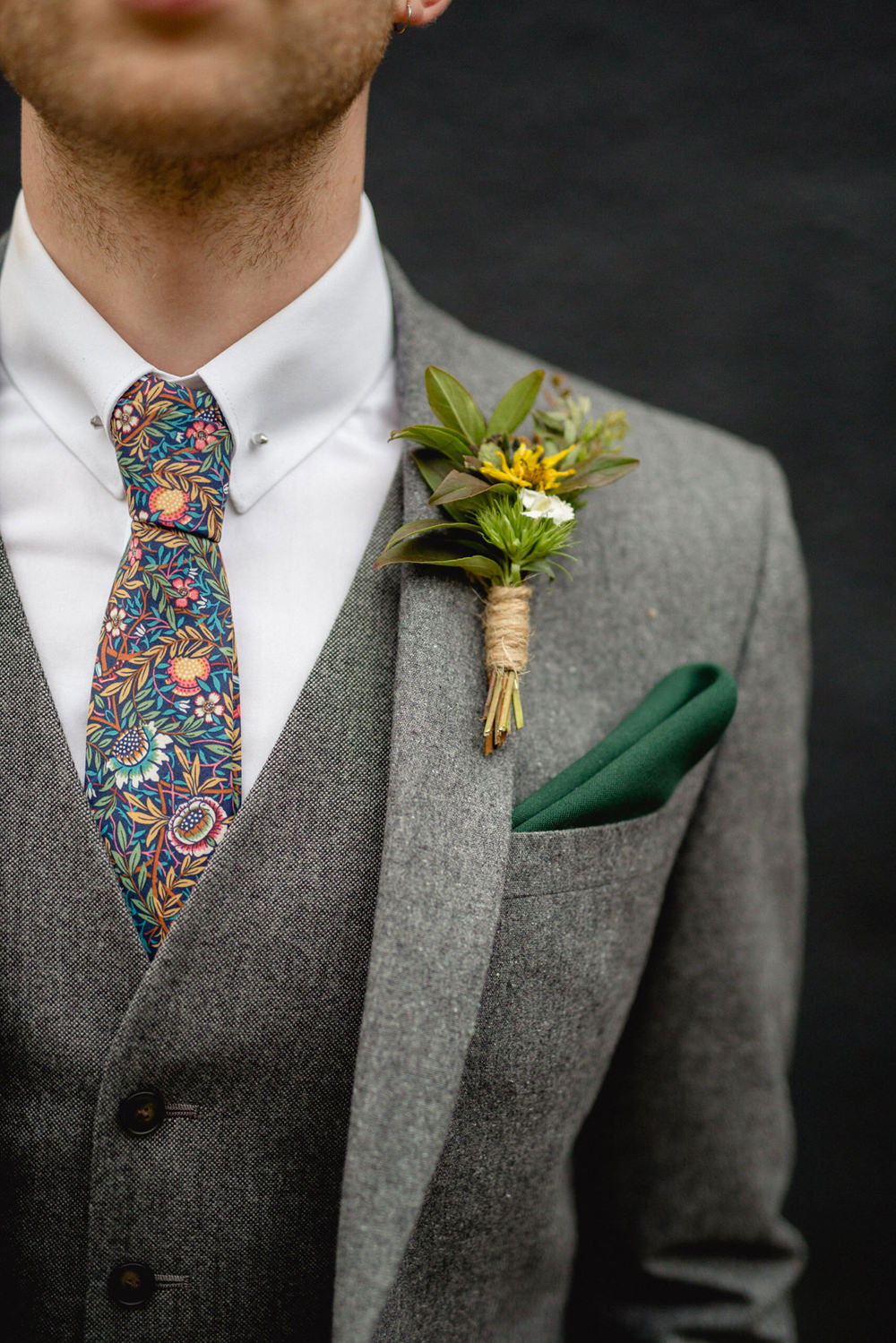 Groom Suit Grey Floral Tie Buttonhole Twine Sheffield Town Hall Wedding Mark Newton Wedding Photography
