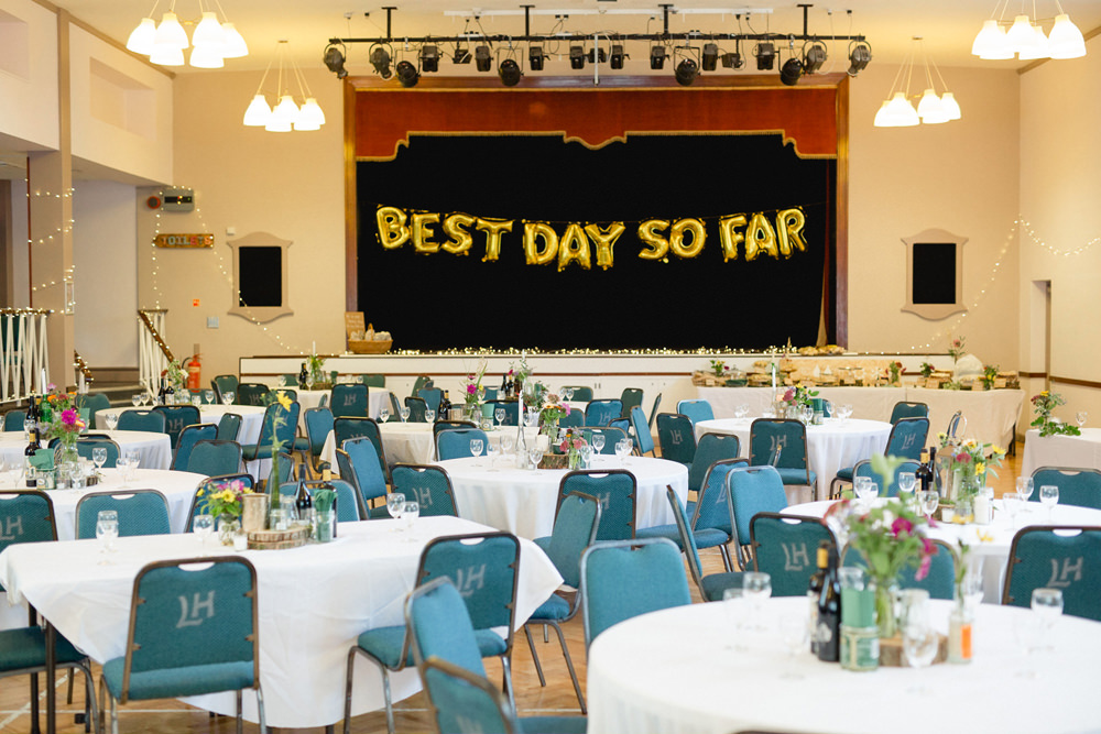 Balloons Banner Sign Lomas Hall Reception Sheffield Town Hall Wedding Mark Newton Wedding Photography
