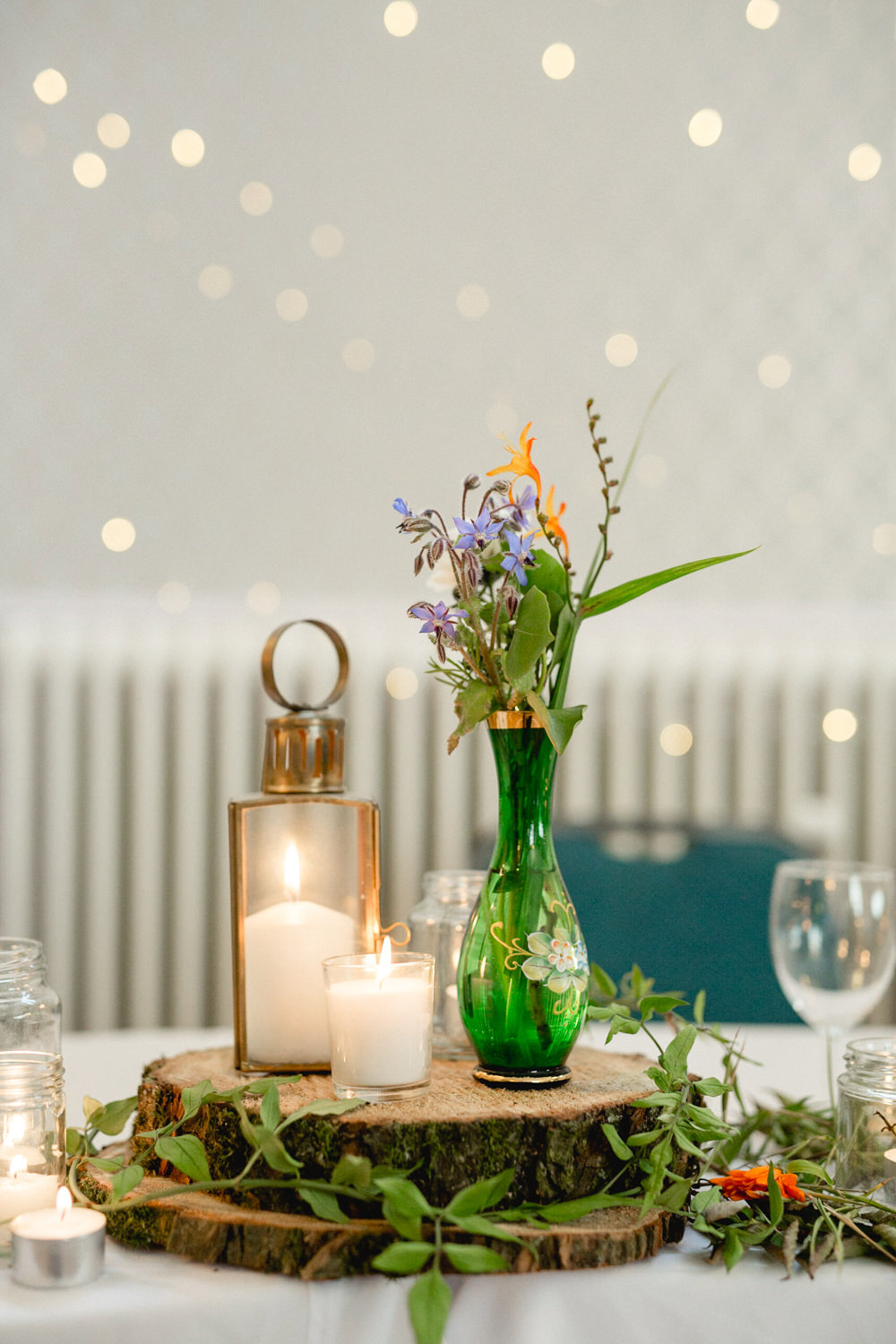 Centrepiece Decor Log Slice Vase Bottle Flowers Candles Sheffield Town Hall Wedding Mark Newton Wedding Photography