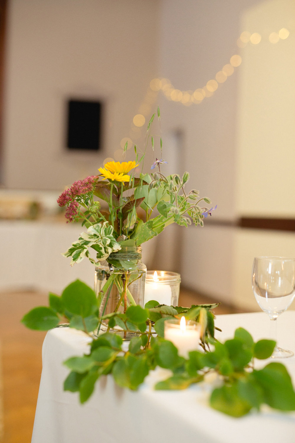 Centrepiece Decor Log Slice Vase Bottle Flowers Candles Sheffield Town Hall Wedding Mark Newton Wedding Photography