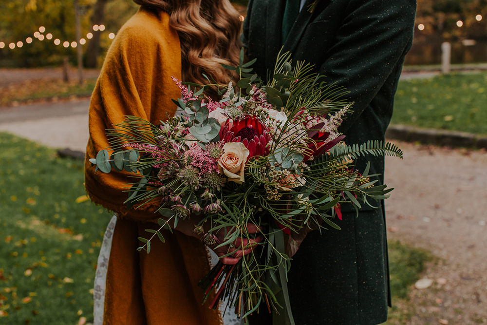Bouquet Flowers Bride Bridal Burgundy Red Pink Rose Astilbe Protea Simple Autumn Wedding Maddie Farris Photography