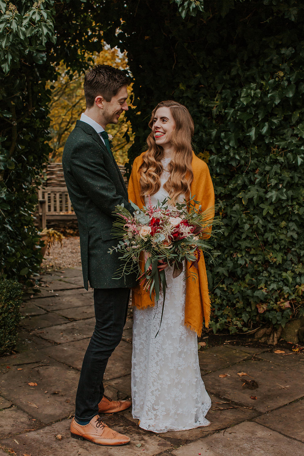 Bride Bridal Dress Gown Vintage Lace Mustard Shawl Simple Autumn Wedding Maddie Farris Photography