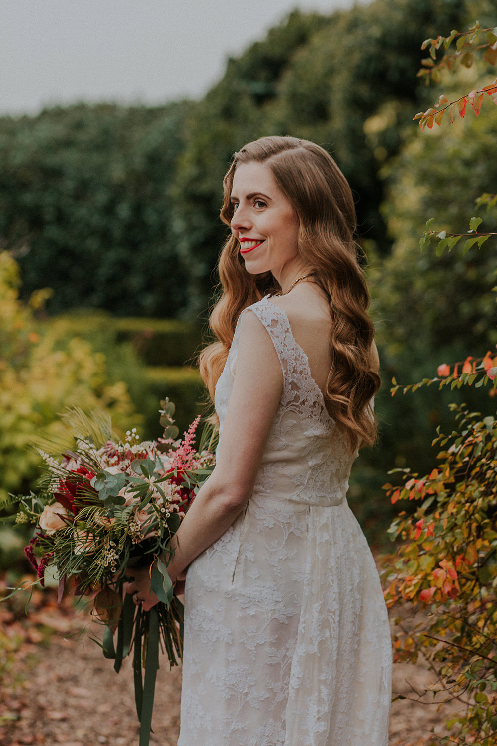 Bride Bridal Dress Gown Vintage Lace Simple Autumn Wedding Maddie Farris Photography
