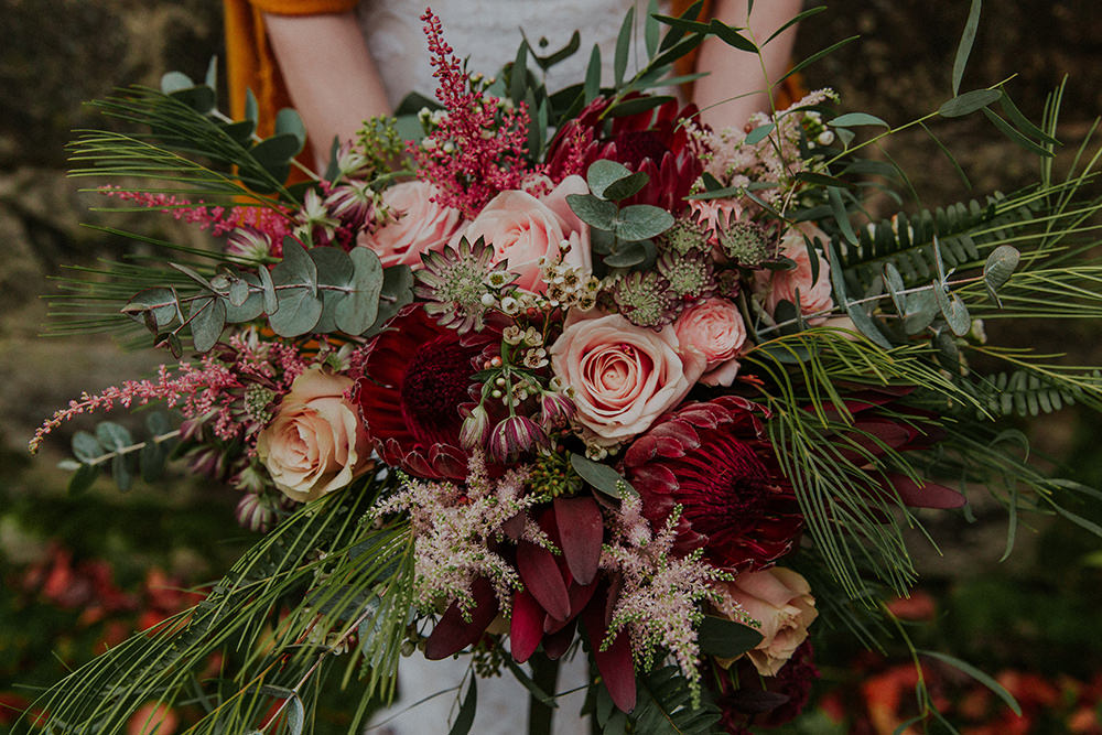 Bouquet Flowers Bride Bridal Burgundy Red Pink Rose Astilbe Protea Simple Autumn Wedding Maddie Farris Photography