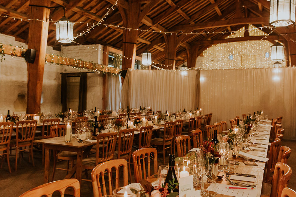 Barn Fairy Lights Decor Long Tables Simple Autumn Wedding Maddie Farris Photography