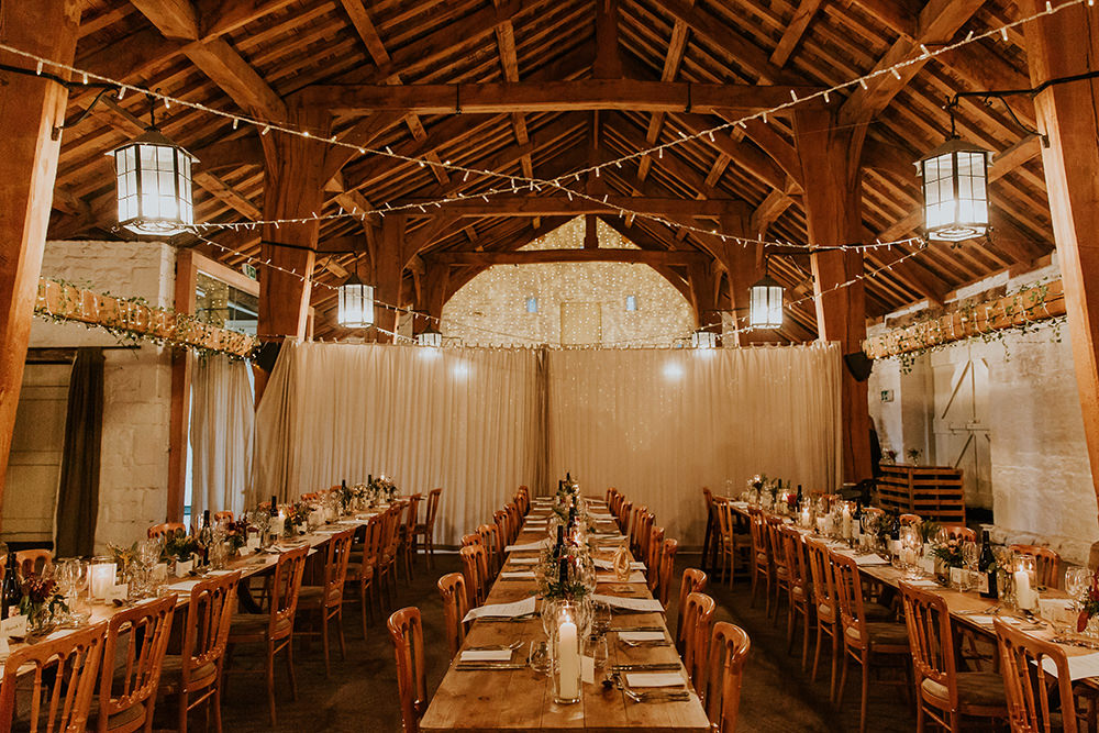 Barn Fairy Lights Decor Long Tables Simple Autumn Wedding Maddie Farris Photography