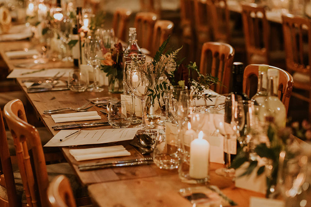 Long Tables Flowers Candles Simple Autumn Wedding Maddie Farris Photography