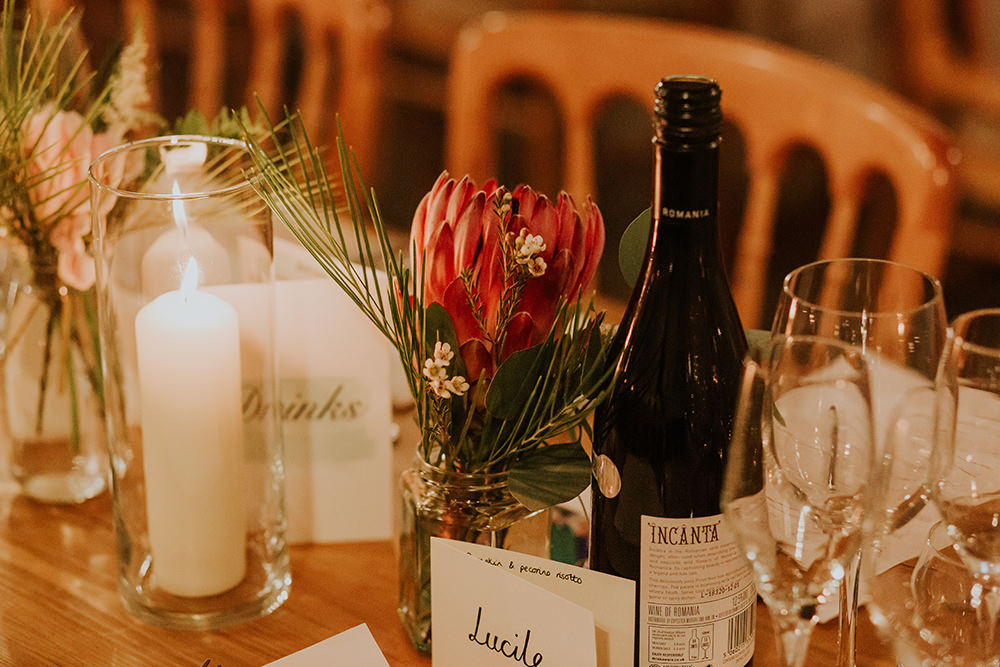 Protea Flowers Jars Simple Autumn Wedding Maddie Farris Photography