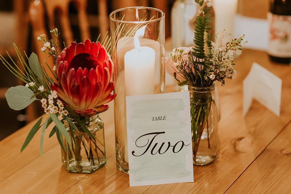 Protea Flowers Jars Simple Autumn Wedding Maddie Farris Photography
