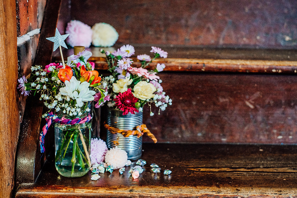 Tin Can Jar Flowers Pom Poms Sparkly Wedding Anna Pumer Photography