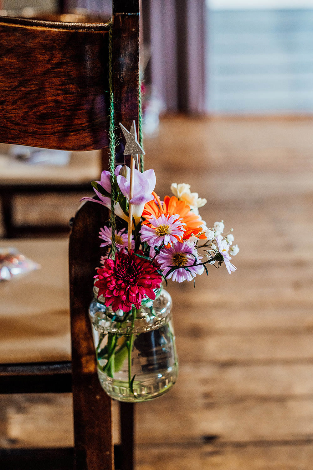 Pew End Aisle Chair Jar Flowers Sparkly Wedding Anna Pumer Photography