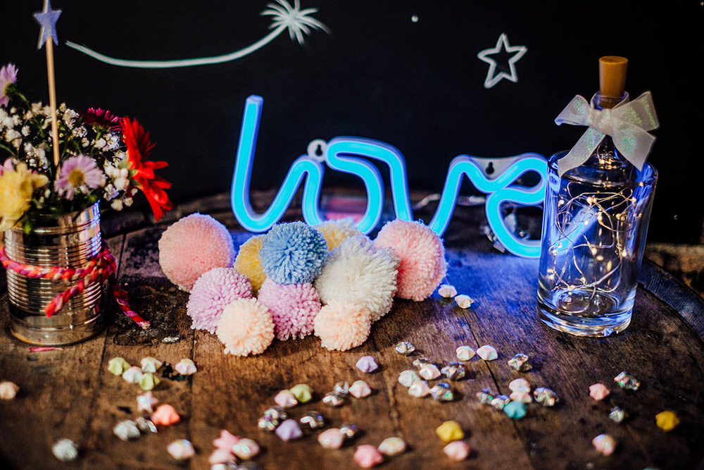 Neon Light Sign Pom Poms Sparkly Wedding Anna Pumer Photography