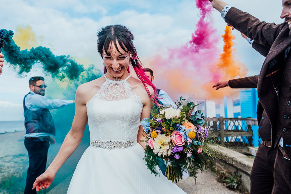 Dress Gown Bride Bridal House of Mooshki Short Tea Length Sparkly Wedding Anna Pumer Photography Smoke Bombs Portrait Photo Photograph