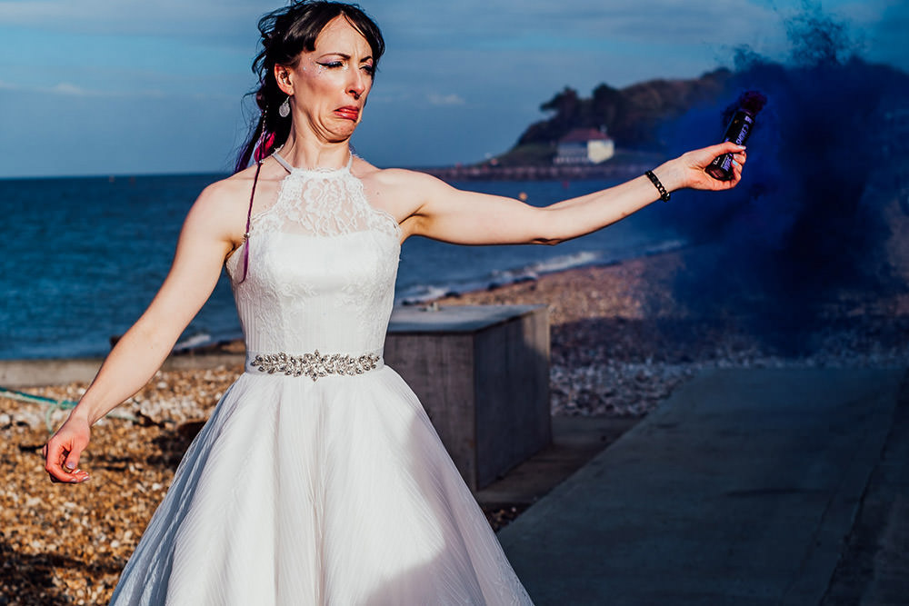 Dress Gown Bride Bridal House of Mooshki Short Tea Length Sparkly Wedding Anna Pumer Photography Smoke Bombs Portrait Photo Photograph