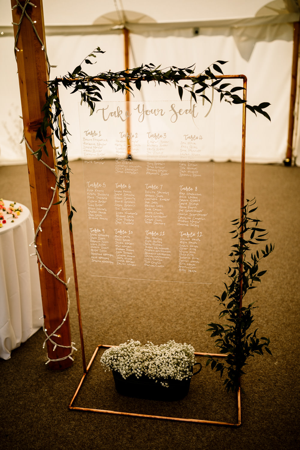Perspex Acrylic Clear Table Plan Seating Chart Sperry Tent Wedding Hayley Baxter Photography