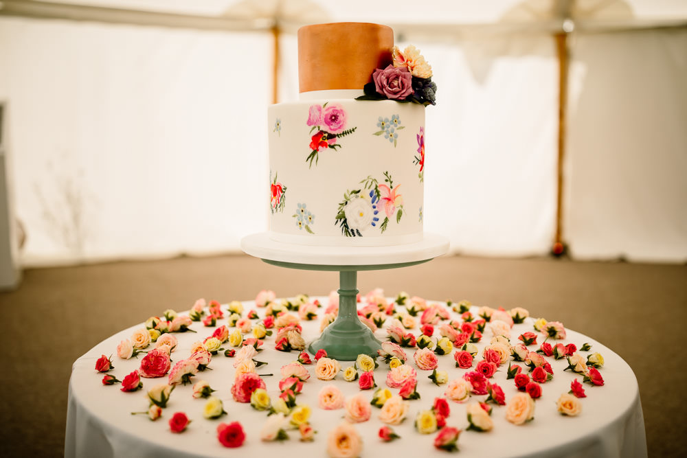 Copper Floral Cake Sperry Tent Wedding Hayley Baxter Photography