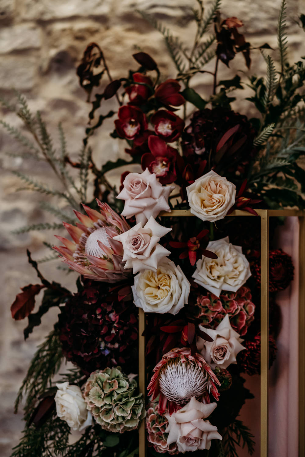 Flower Installation Backdrop Ceremony Aisle Protea Rose St. Tewdrics House Wedding When Charlie Met Hannah
