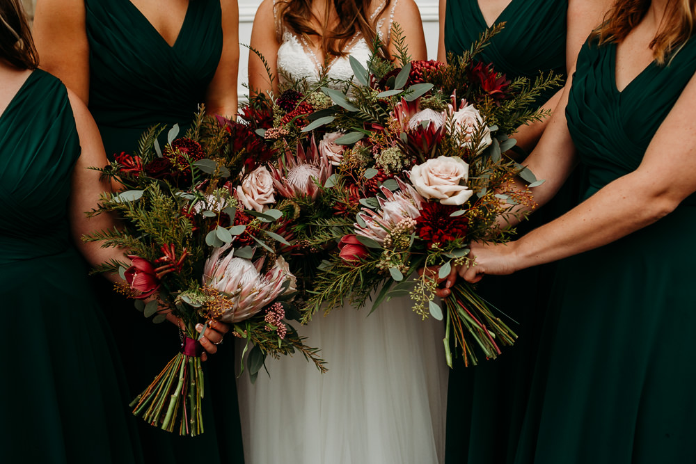 Bouquets Flowers Bride Bridal Bridesmaids Protea Rose Blush Burgundy St. Tewdrics House Wedding When Charlie Met Hannah