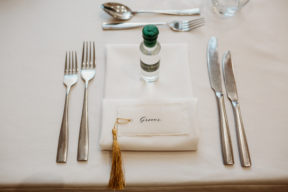 Tassel Place Name Card Mini Bottle Favours St. Tewdrics House Wedding When Charlie Met Hannah