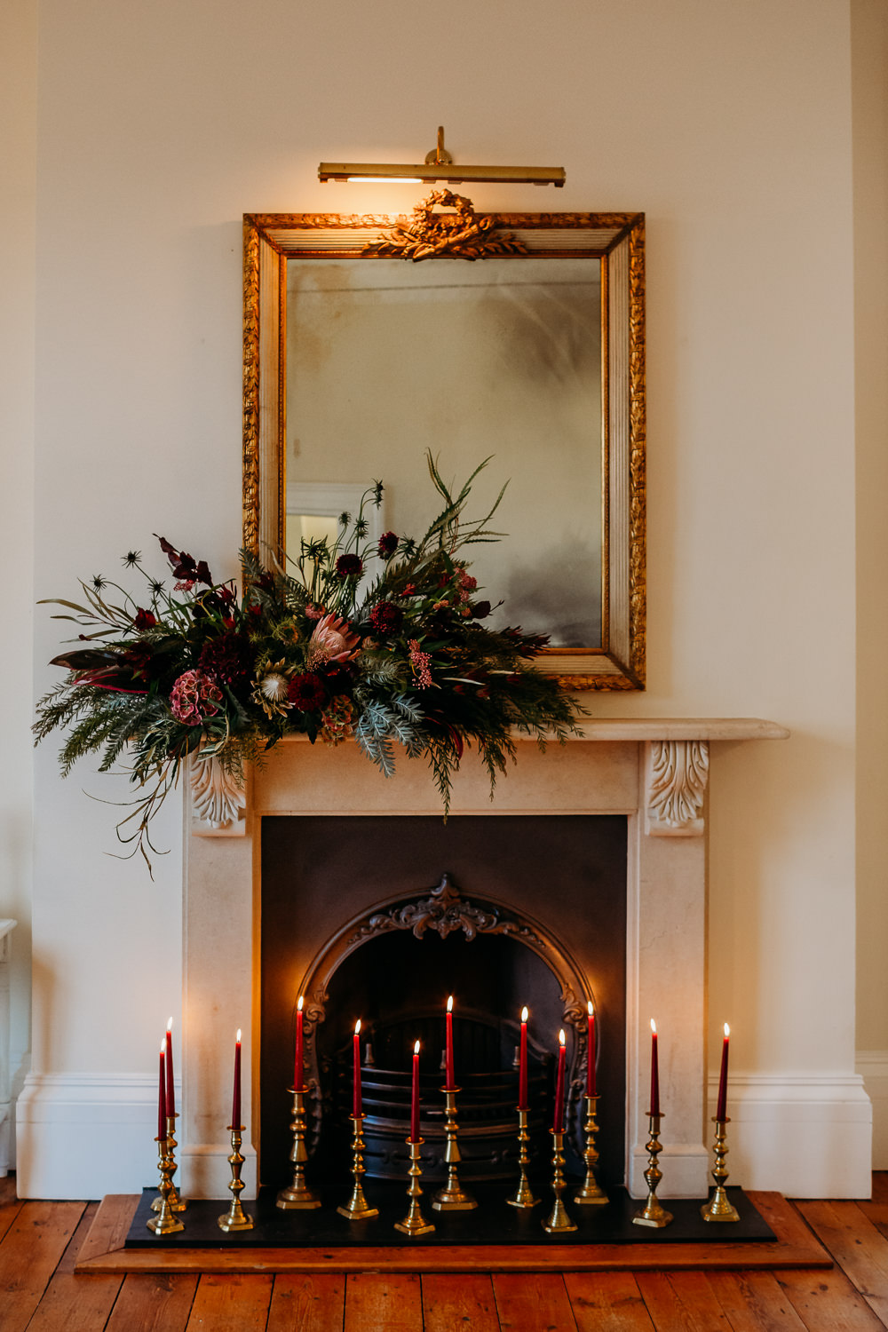 Fireplace Mantlepiece Flowers Candles St. Tewdrics House Wedding When Charlie Met Hannah
