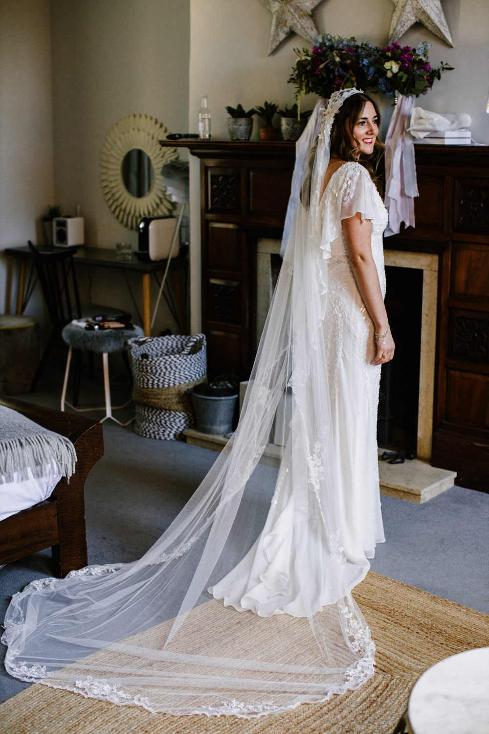 Dress Gown Bride Bridal Eliza Jane Howell Sleeves Sequins Veil Titchwell Manor Wedding Honey and The Moon Photography