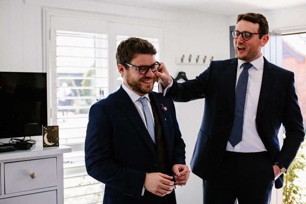 Groom Suit Tweed Waistcoat Blue Tie Titchwell Manor Wedding Honey and The Moon Photography