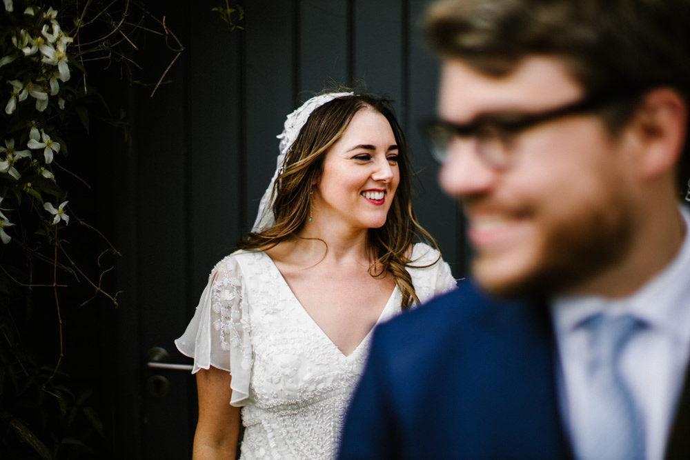 Dress Gown Bride Bridal Eliza Jane Howell Sleeves Sequins Veil Titchwell Manor Wedding Honey and The Moon Photography