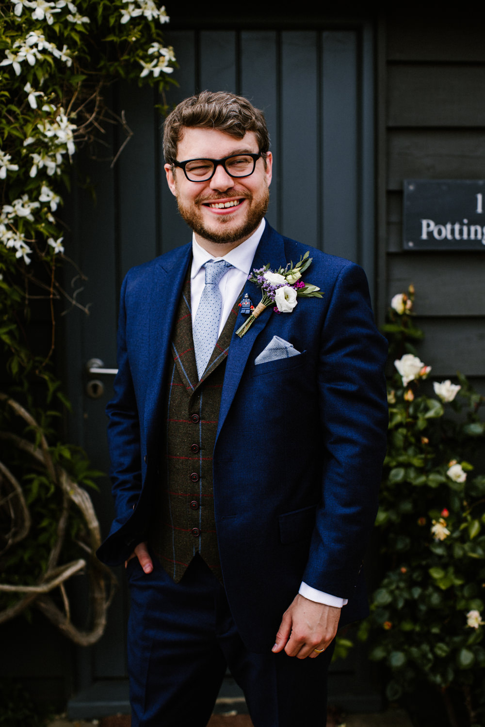 Groom Suit Tweed Waistcoat Blue Tie Titchwell Manor Wedding Honey and The Moon Photography