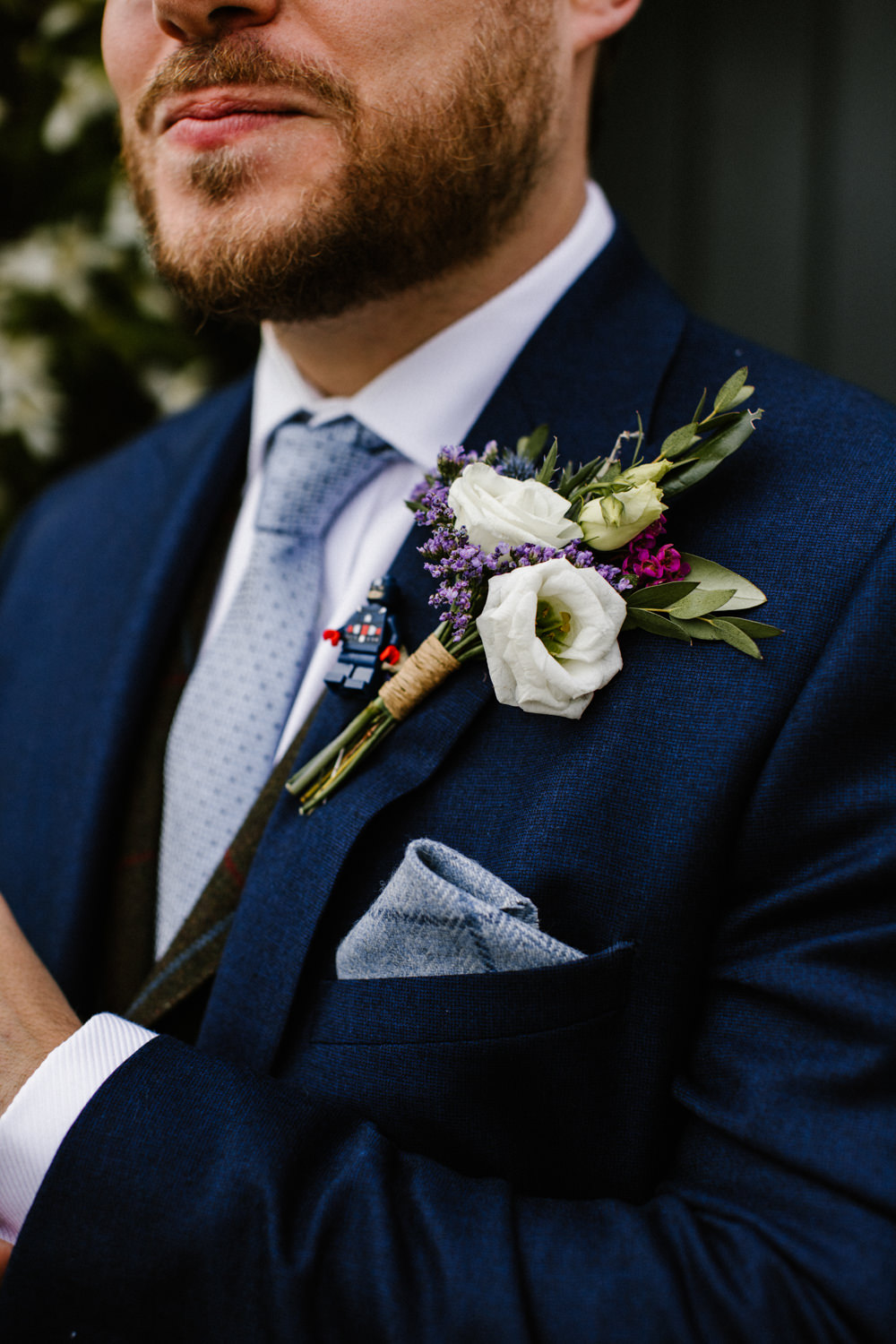 Groom Suit Tweed Waistcoat Blue Tie Buttonhole Flowers Titchwell Manor Wedding Honey and The Moon Photography
