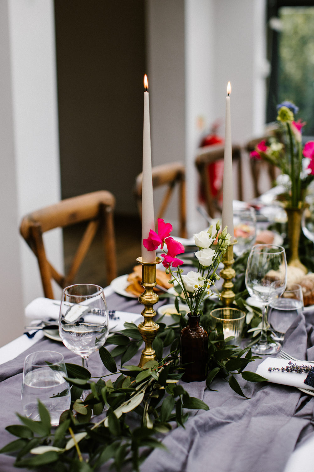 Long Table Decor Candles Flowers Titchwell Manor Wedding Honey and The Moon Photography