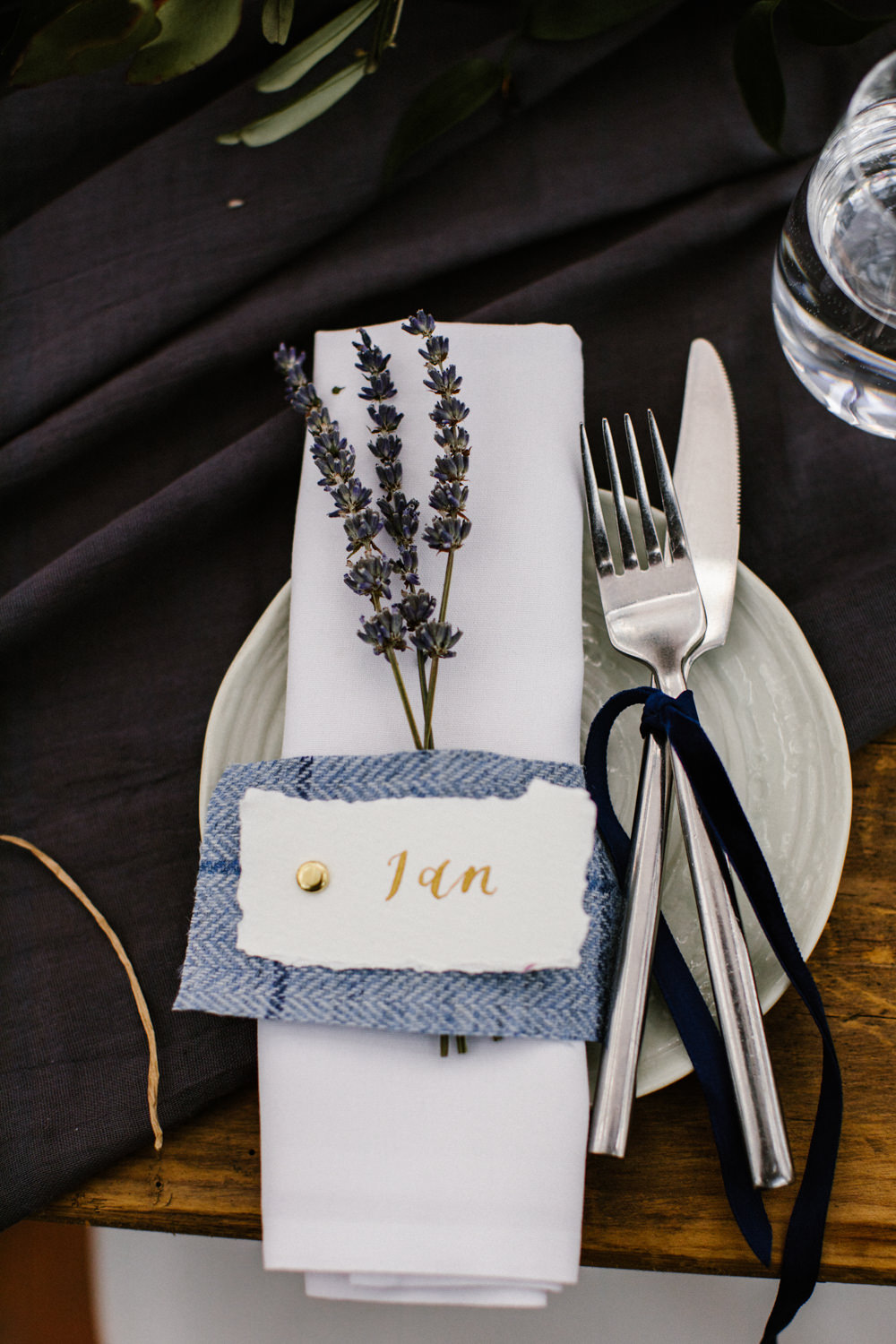Place Setting Place Name Calligraphy Lavender Ribbon Titchwell Manor Wedding Honey and The Moon Photography