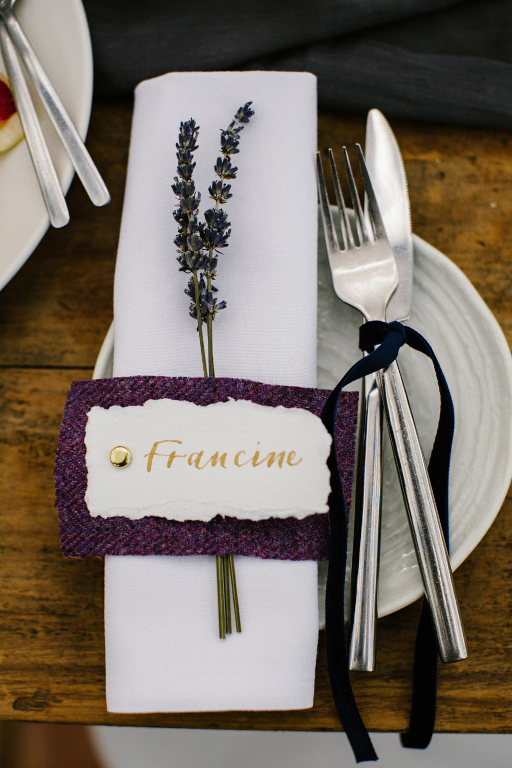 Place Setting Place Name Calligraphy Lavender Ribbon Titchwell Manor Wedding Honey and The Moon Photography
