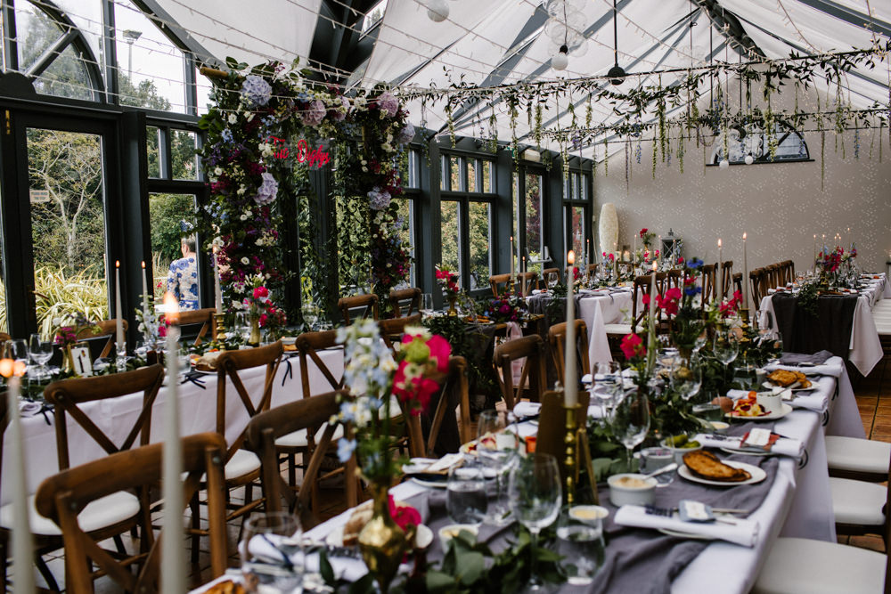 Hanging Flowers Suspended Florals Decor Conservatory Titchwell Manor Wedding Honey and The Moon Photography