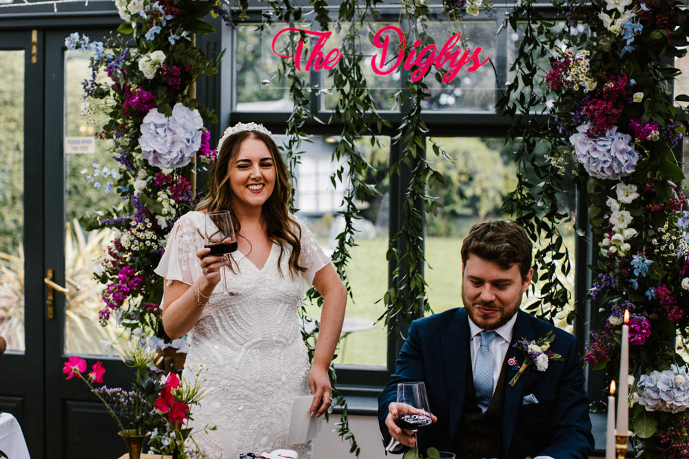 Flower Arch Backdrop Top Table Sign Hydrangea Wisteria Titchwell Manor Wedding Honey and The Moon Photography
