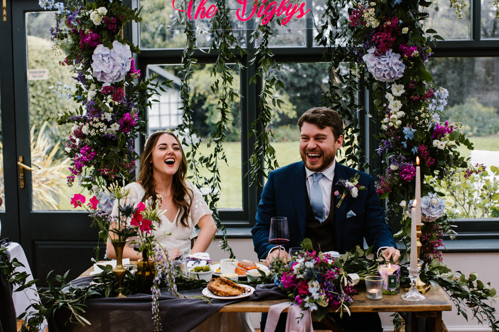 Flower Arch Backdrop Top Table Sign Hydrangea Wisteria Titchwell Manor Wedding Honey and The Moon Photography
