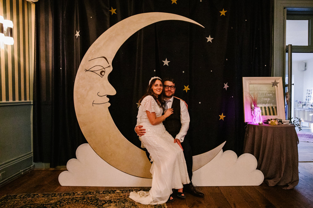 Photo Booth Backdrop Moon Crescent Titchwell Manor Wedding Honey and The Moon Photography
