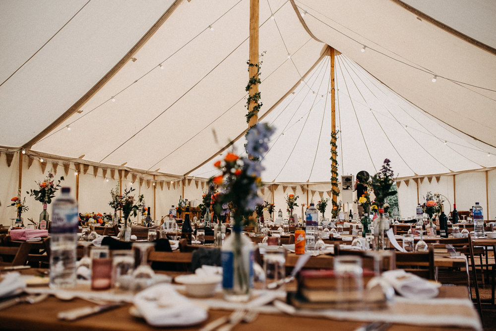 Pole Tent Marquee Long Wooden Trestle Tables Rustic Flowers Tree Cathedral Wedding Milton Keynes Miracle Moments