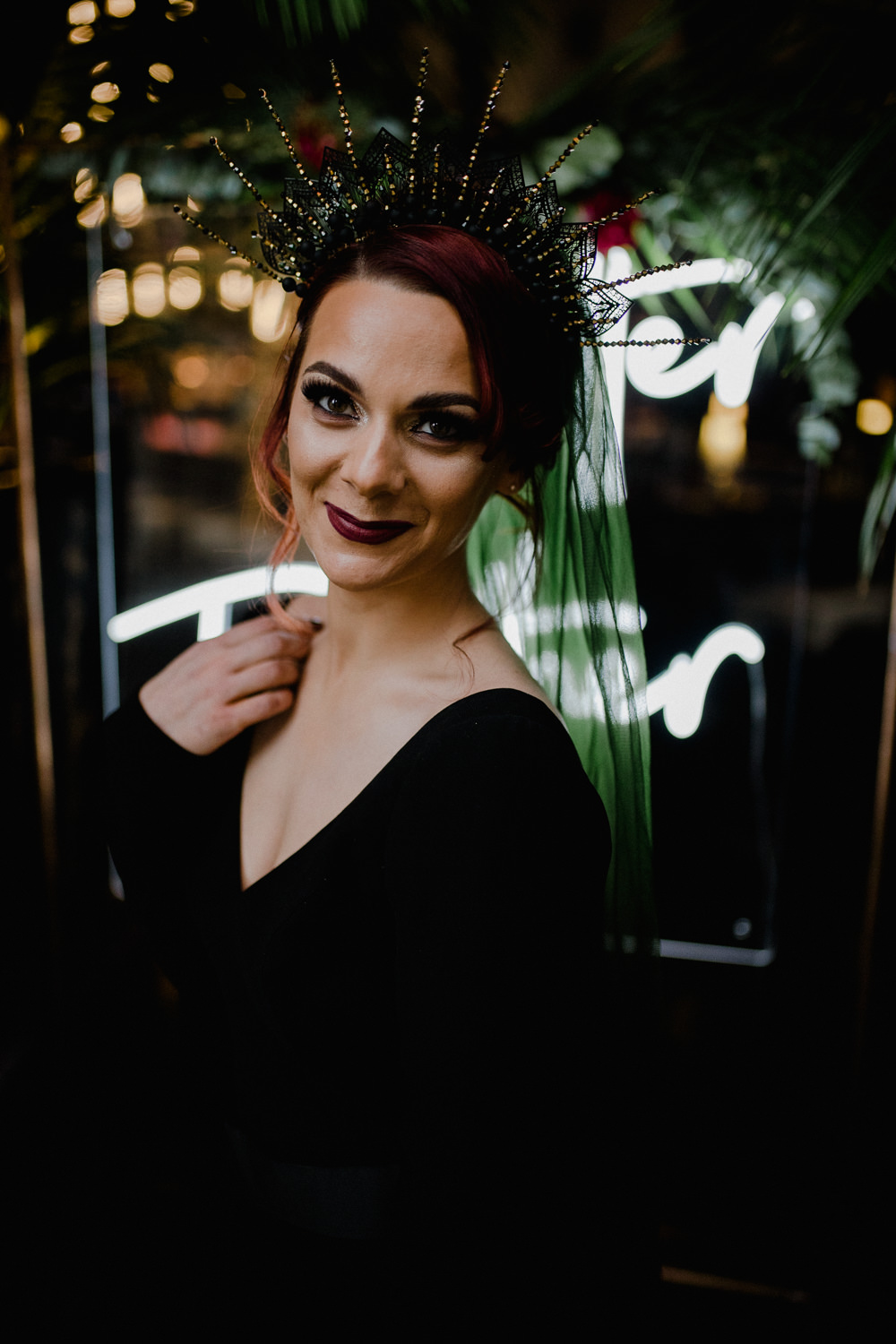 Bride Bridal Make Up Hair Headpiece Crown Tiara Starburst Veil Black Wedding Ideas Taylar-Jayde Photography