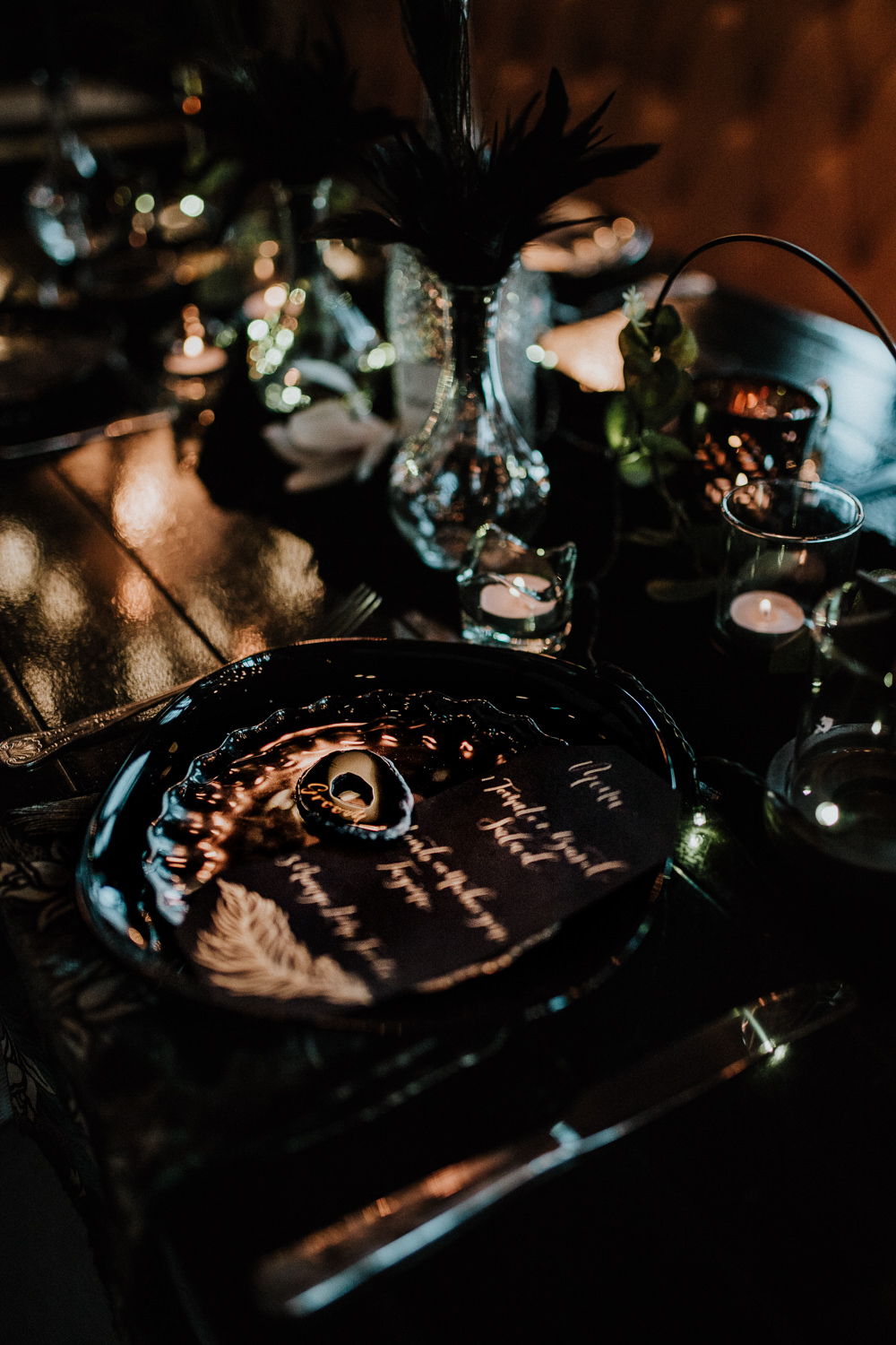 Place Setting Decor Plates Table Tablescape Feathers Candles Black Wedding Ideas Taylar-Jayde Photography