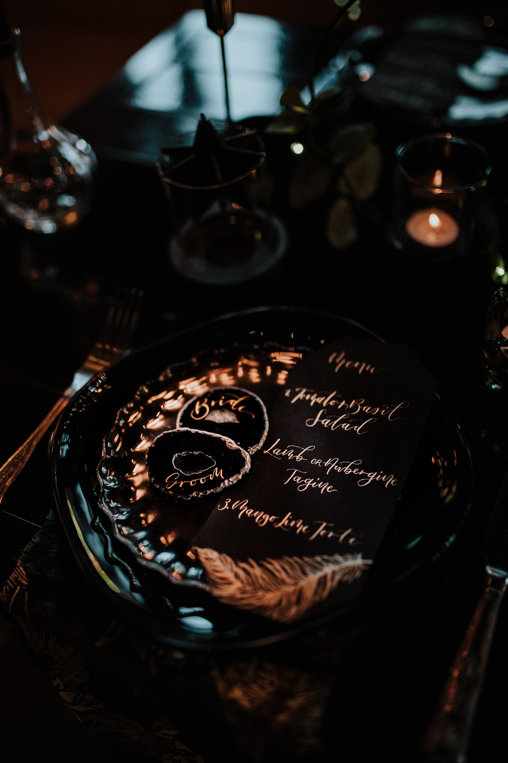 Agate Place Name Cards Gold Menu Black Wedding Ideas Taylar-Jayde Photography