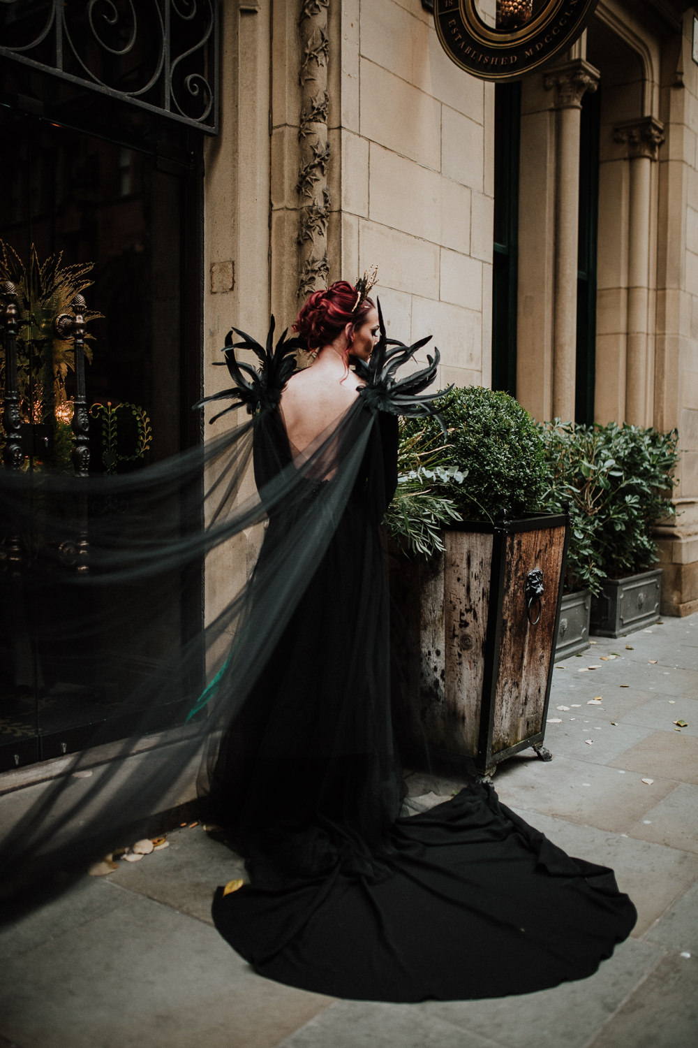 Dress Gown Bride Bridal Feather Cape Veil Black Wedding Ideas Taylar-Jayde Photography