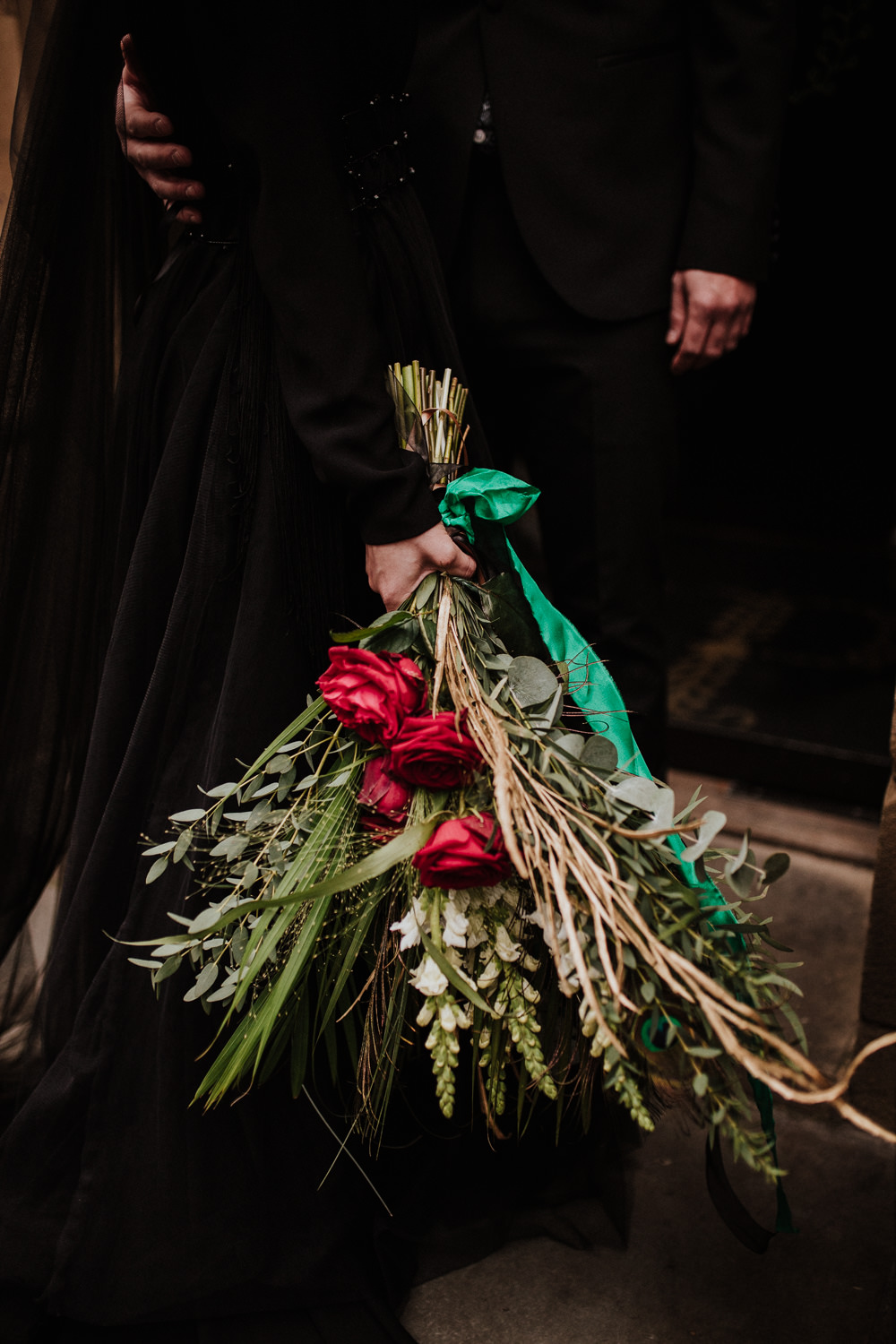 Bouquet Flowers Bride Bridal Greenery Foliage Red Rose Black Wedding Ideas Taylar-Jayde Photography