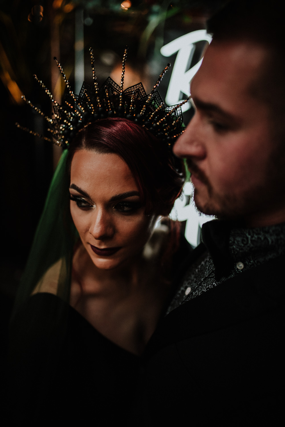 Bride Bridal Make Up Hair Headpiece Crown Tiara Starburst Veil Black Wedding Ideas Taylar-Jayde Photography