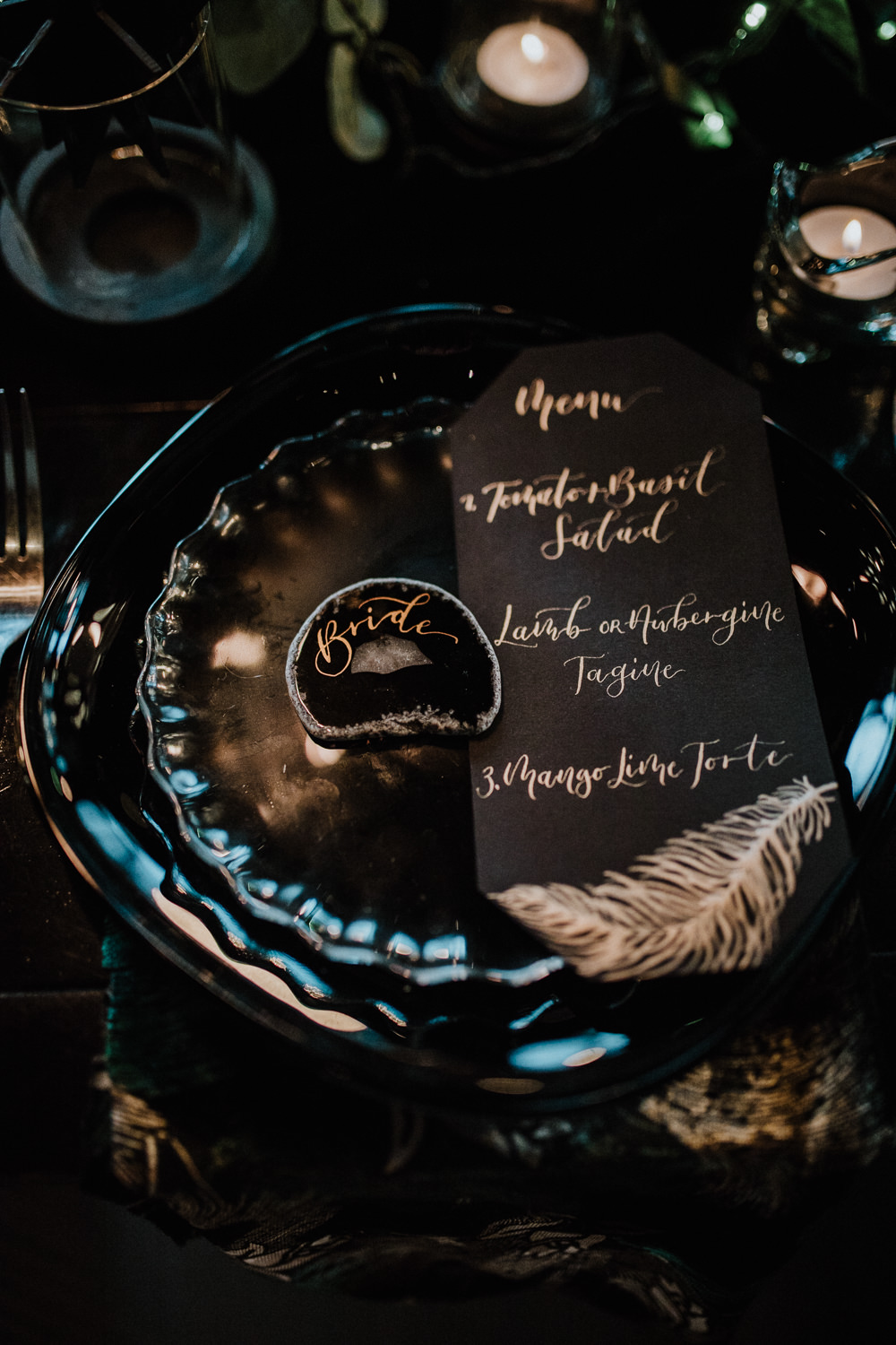 Agate Place Name Cards Gold Menu Black Wedding Ideas Taylar-Jayde Photography