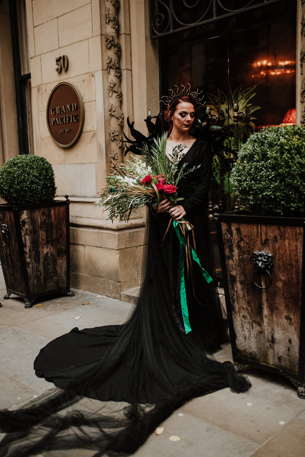 Dress Gown Bride Bridal Feather Cape Veil Black Wedding Ideas Taylar-Jayde Photography