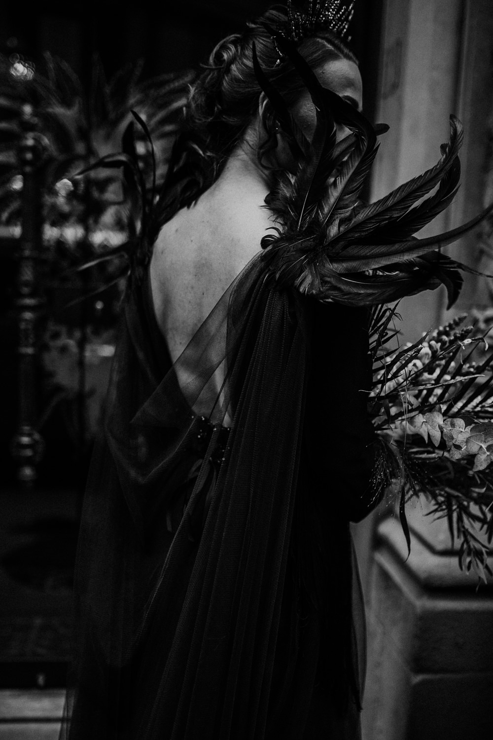 Dress Gown Bride Bridal Feather Cape Veil Black Wedding Ideas Taylar-Jayde Photography