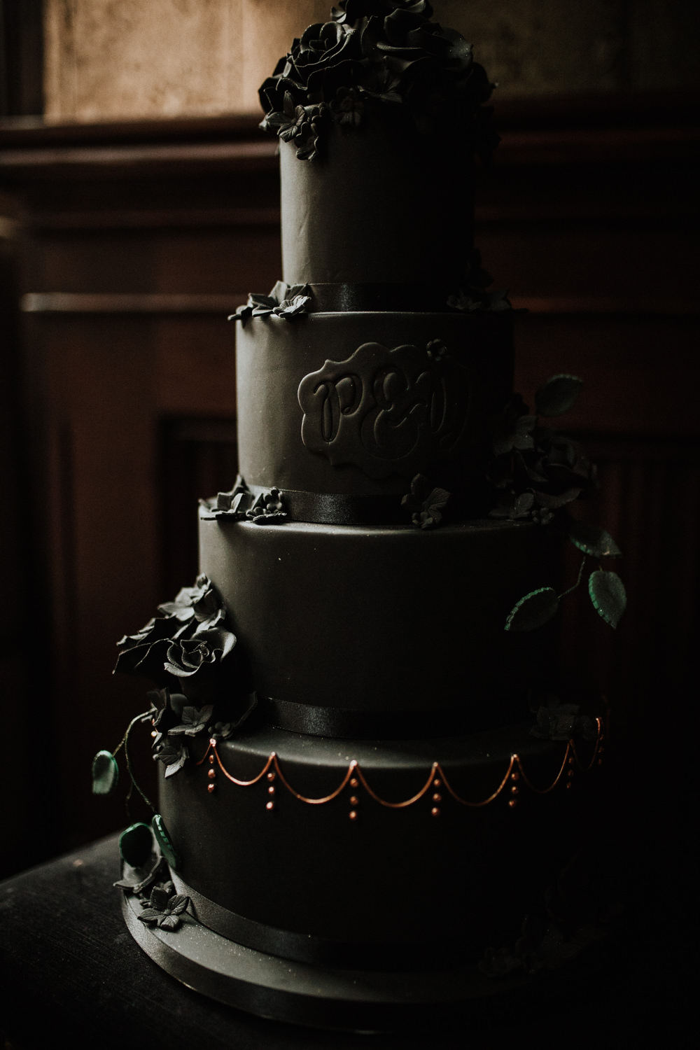 Floral Cake Copper Details Black Wedding Ideas Taylar-Jayde Photography