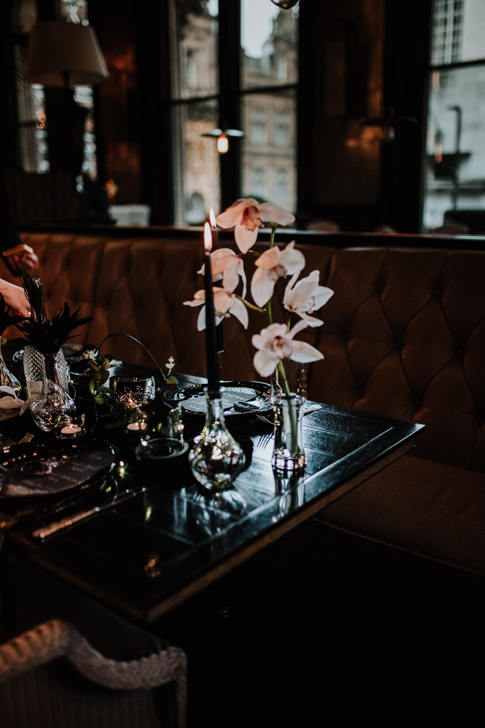 Place Setting Decor Plates Table Tablescape Feathers Candles Black Wedding Ideas Taylar-Jayde Photography
